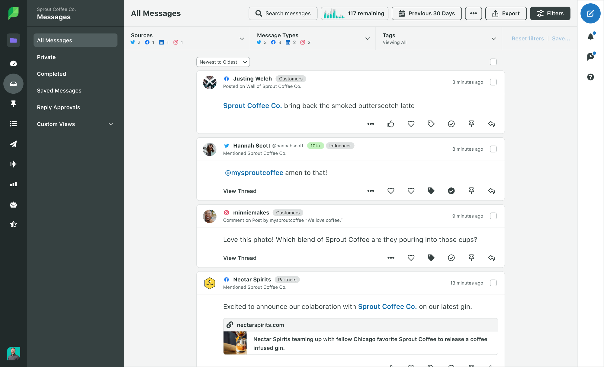 Sprout's Smart Inbox tracks every conversation with and about your brand. Think of it as your home base for social listening.